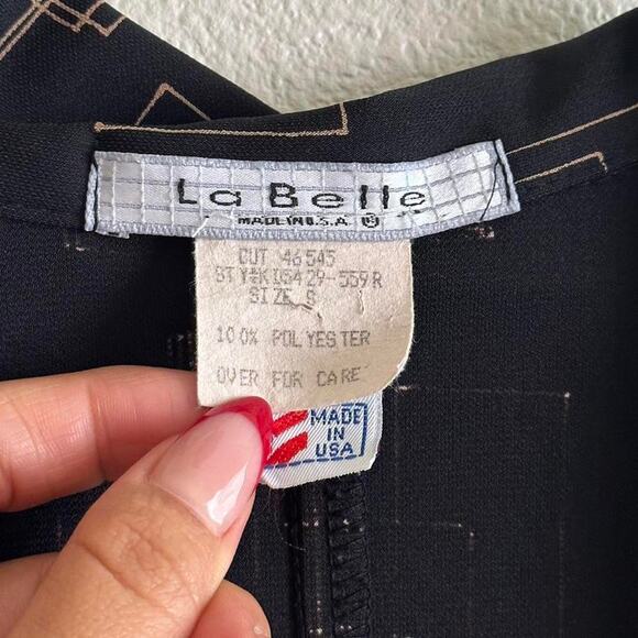 Vintage La Belle black gold retro abstract 3/4 sleeve wrap midi dress size S - Picture 8 of 10